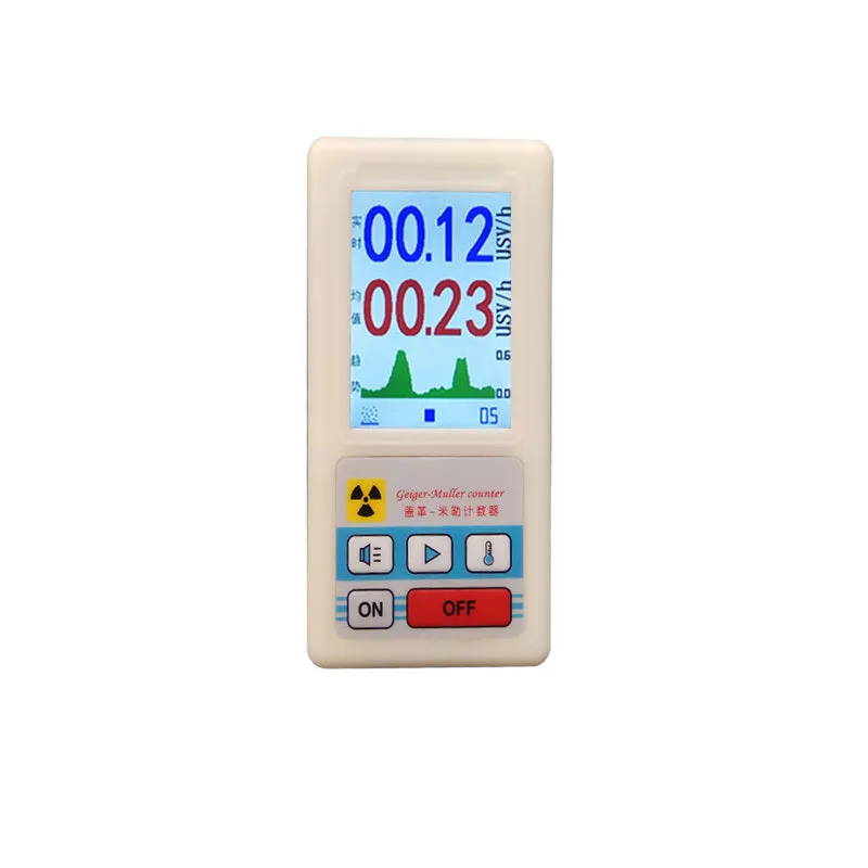 Nuclear radiation detector with energy-compensated GM tube, ABS shell, black colour, front view showing display and controls