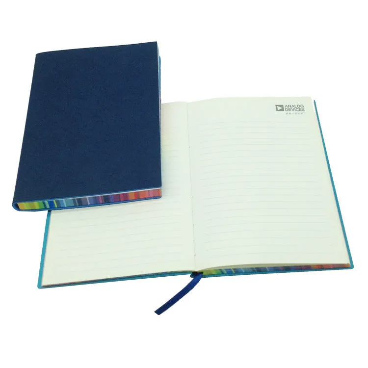 A5 rainbow side PU leather cover notebook open on a desk, showing lock line hardcover binding and 100g Daolin paper pages