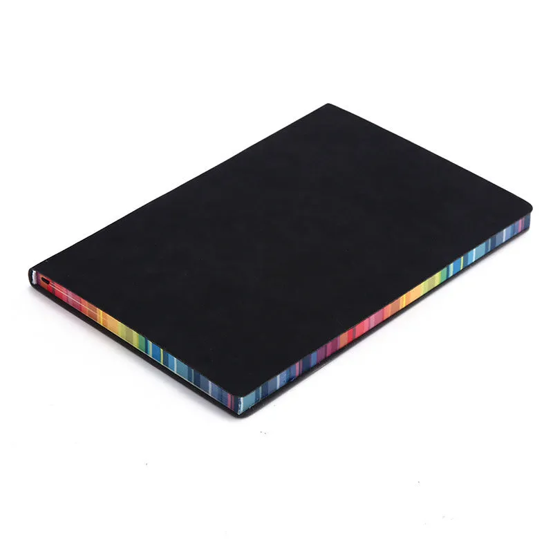 A5 rainbow side PU leather cover notebook open on a desk, showing lock line hardcover binding and 100g Daolin paper pages