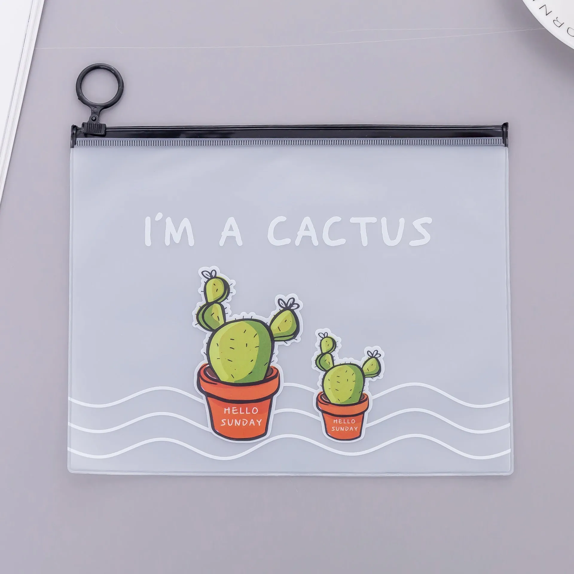 PVC pencil case with sealed closure, cactus print, 17.1x21.2cm, on a desk with stationery