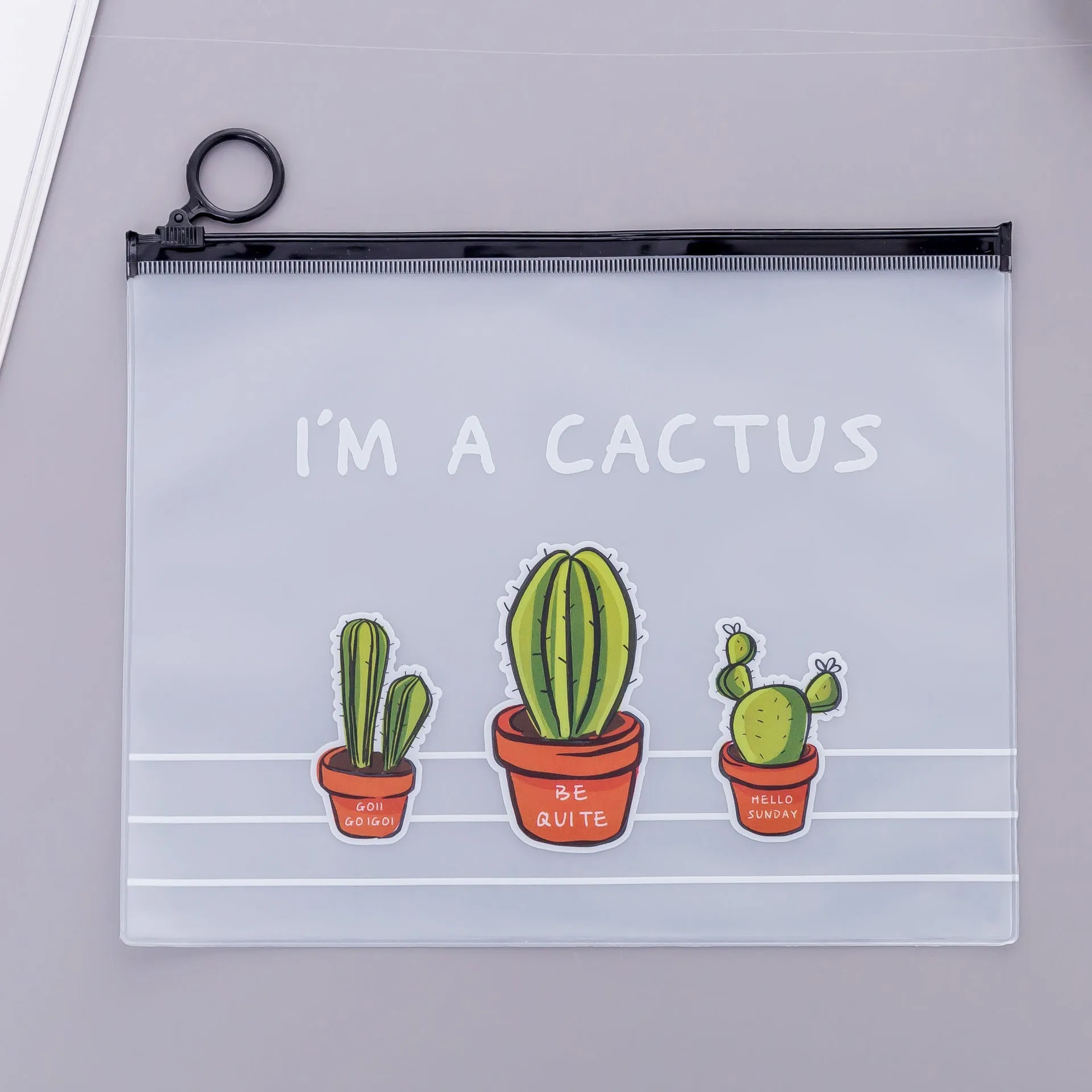 PVC pencil case with sealed closure, cactus print, 17.1x21.2cm, on a desk with stationery