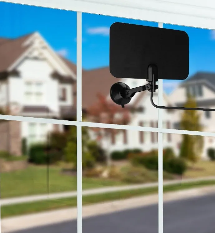 Indoor digital TV antenna with amplifier and 10-metre coaxial cable on white background