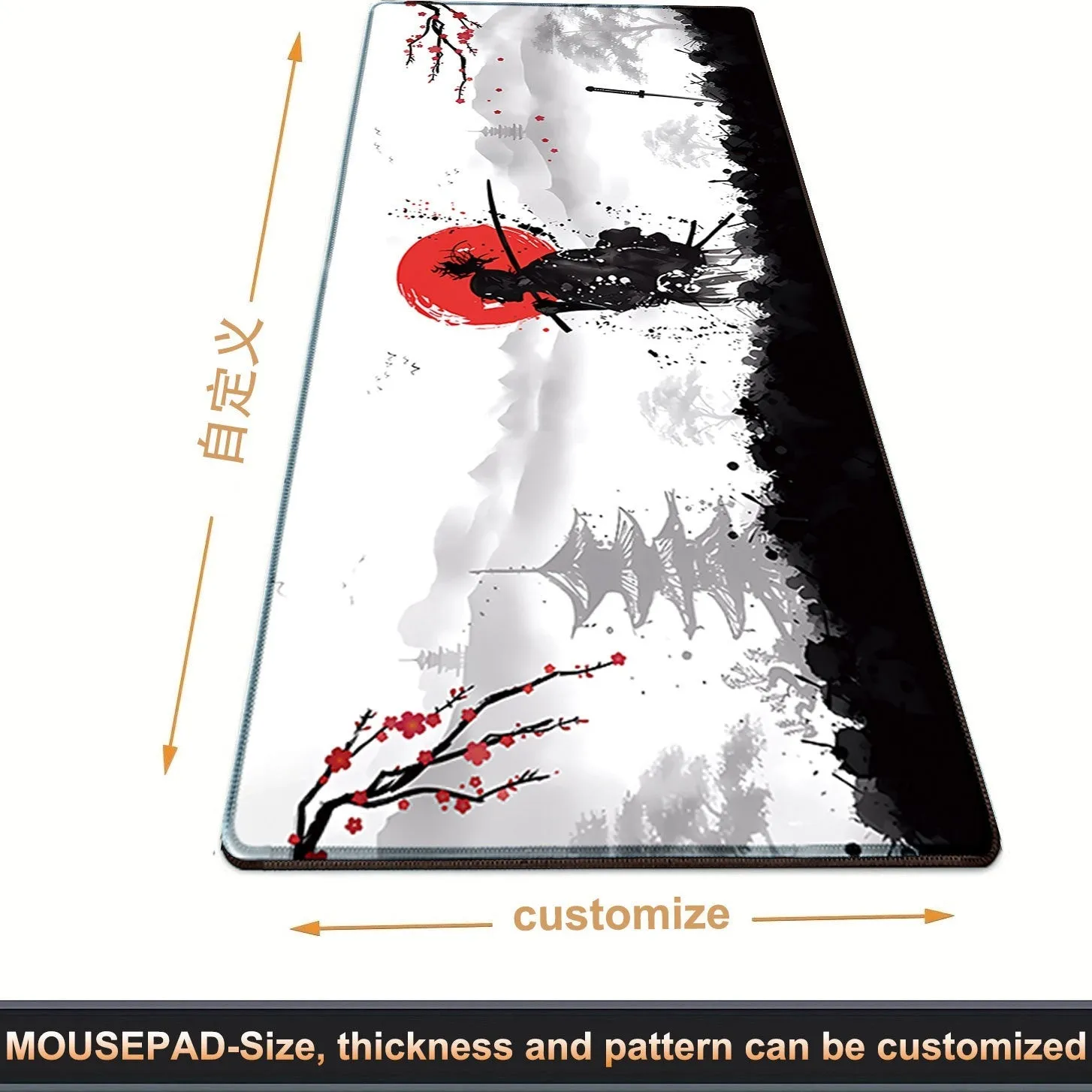 Large black gaming mouse pad with Japanese samurai warrior print and non-slip rubber base on a wooden desk.