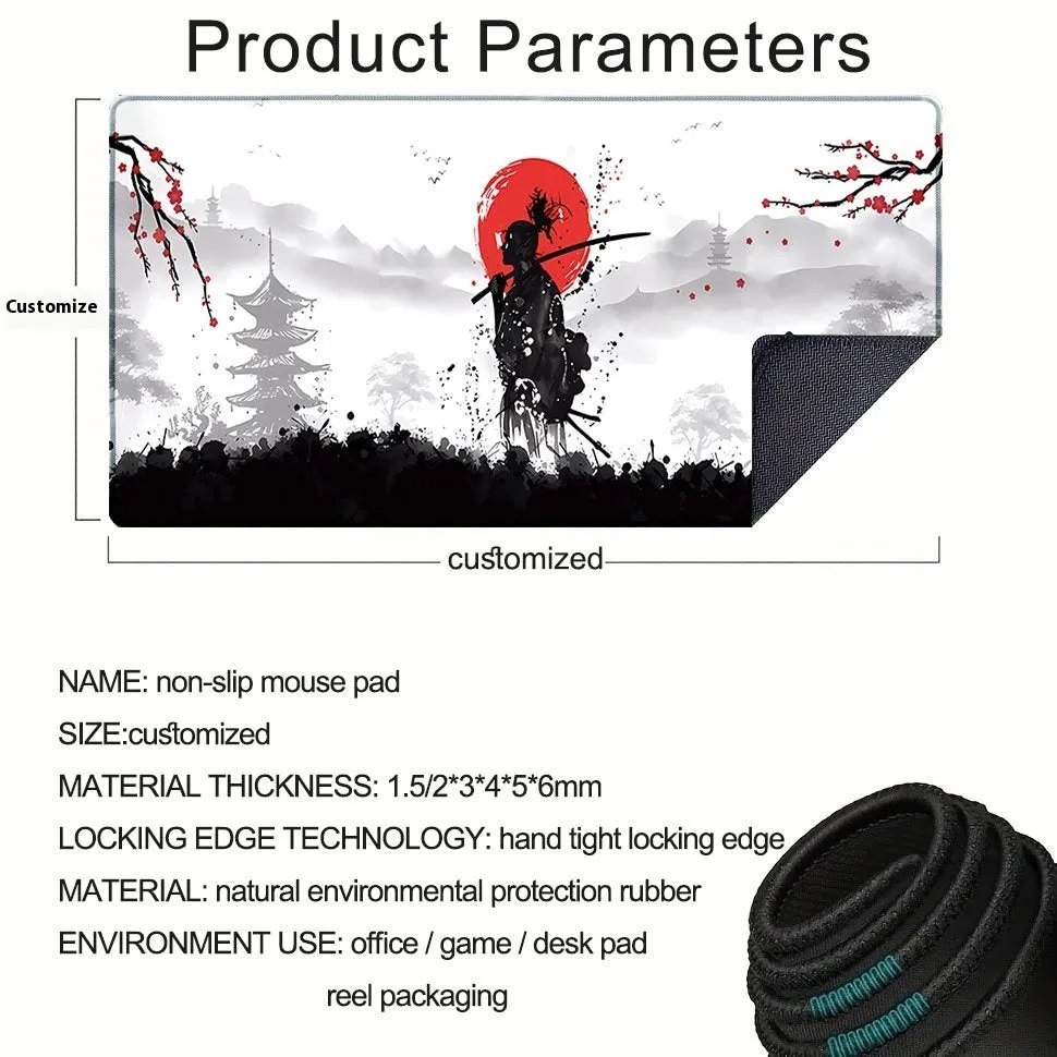 Large black gaming mouse pad with Japanese samurai warrior print and non-slip rubber base on a wooden desk.