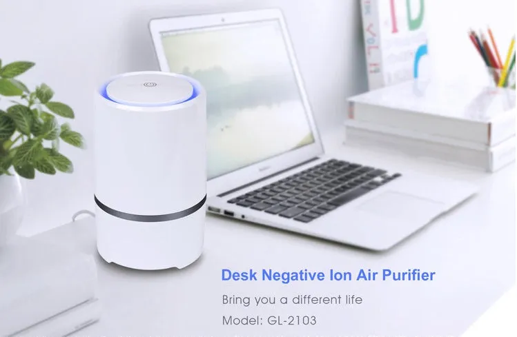 White USB desktop air freshener with anion generator, 125mm diameter, 194mm height, on desk with USB cable