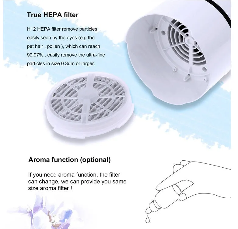White USB desktop air freshener with anion generator, 125mm diameter, 194mm height, on desk with USB cable