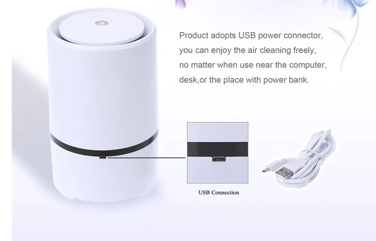 White USB desktop air freshener with anion generator, 125mm diameter, 194mm height, on desk with USB cable