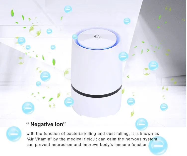 White USB desktop air freshener with anion generator, 125mm diameter, 194mm height, on desk with USB cable