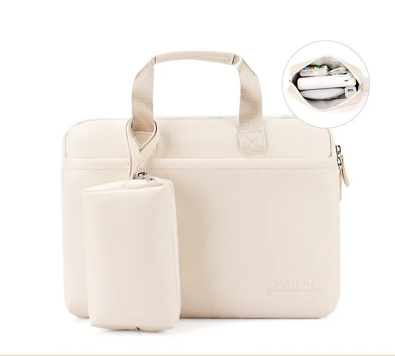 Beige PU leather laptop bag for MacBook Pro 15.6 inch with zipper closure and soft handle