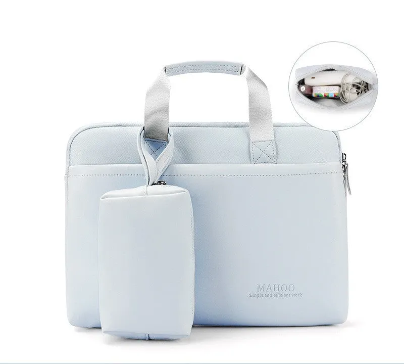 Beige PU leather laptop bag for MacBook Pro 15.6 inch with zipper closure and soft handle