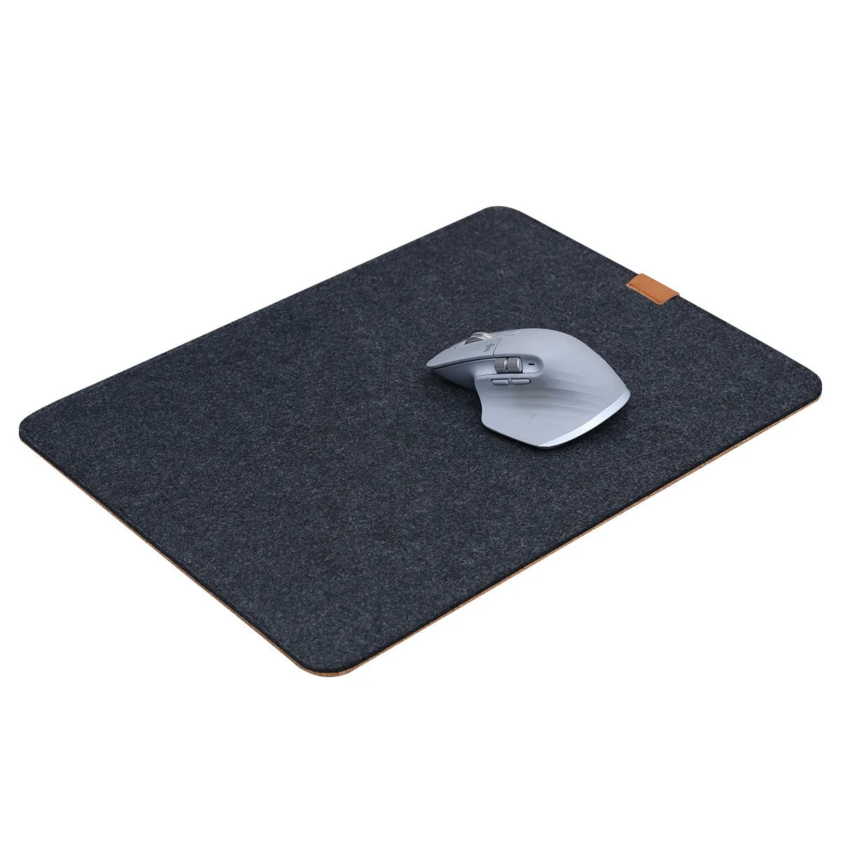 Oversized grey felt and cork office mouse mat on a wooden desk