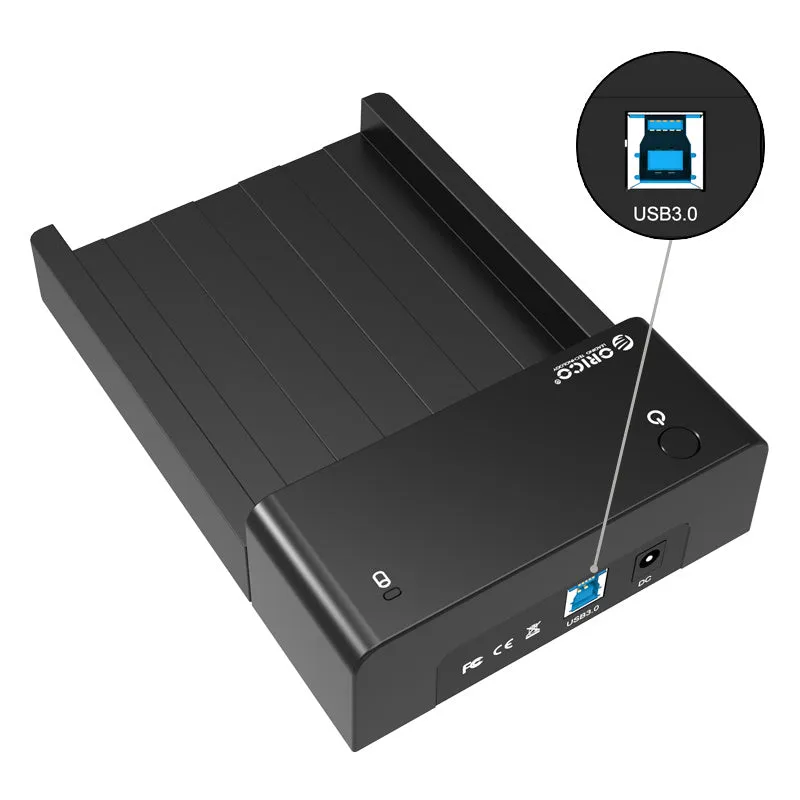 ORICO 6518US3 external hard drive enclosure in black for 2.5 and 3.5 inch SATA HDD SSD with USB 3.0 cable and power adapter