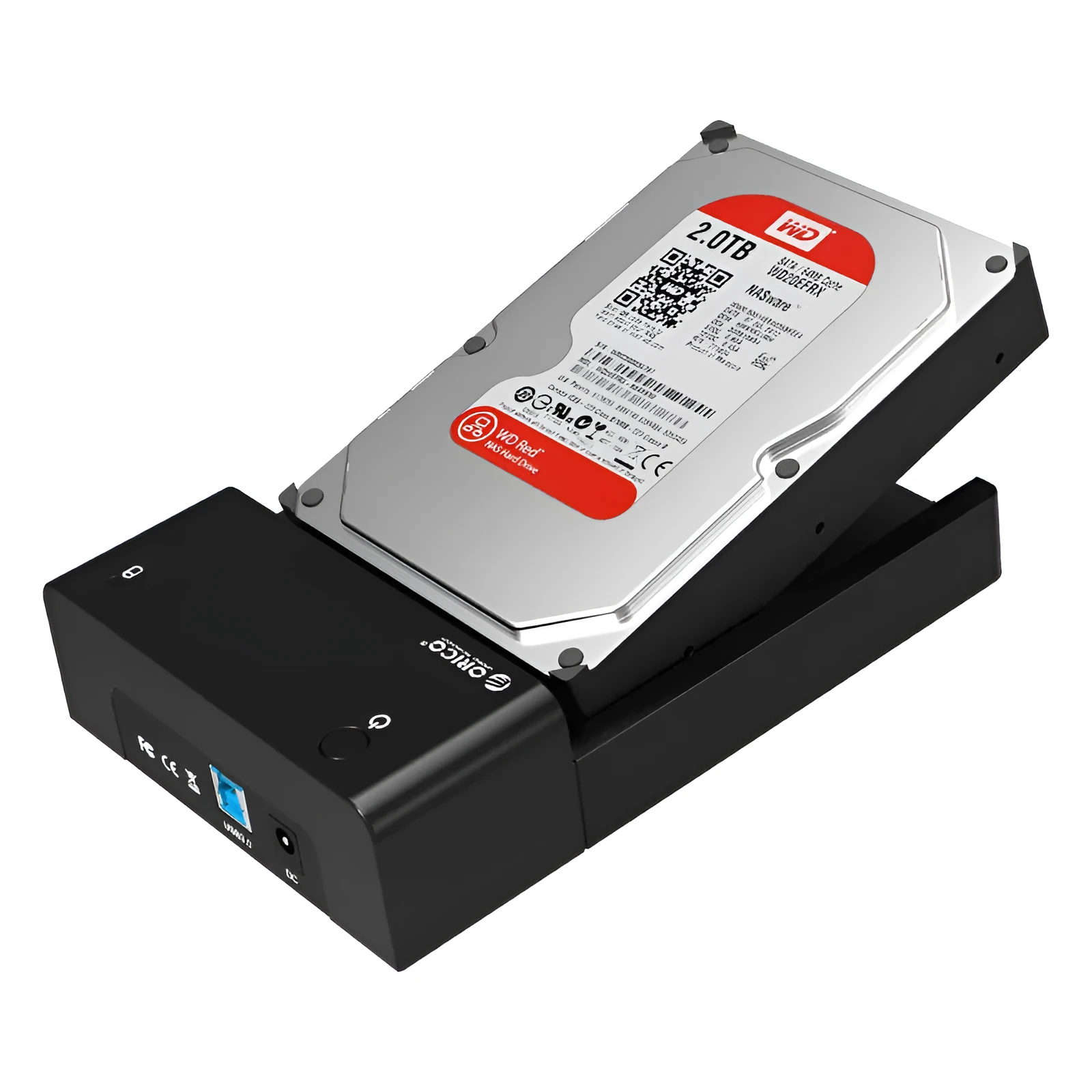 ORICO 6518US3 external hard drive enclosure in black for 2.5 and 3.5 inch SATA HDD SSD with USB 3.0 cable and power adapter