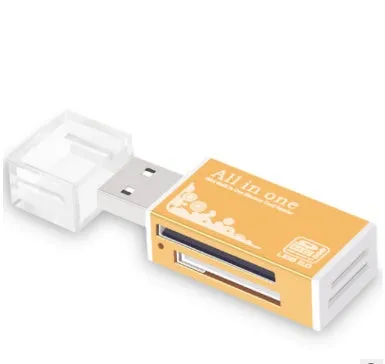 Multi in one card reader with four slots for SD MMC MS TF M2 cards, compact design, available in multiple colours