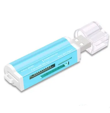 Multi in one card reader with four slots for SD MMC MS TF M2 cards, compact design, available in multiple colours