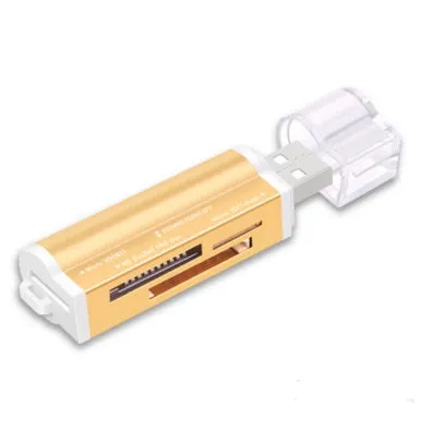 Multi in one card reader with four slots for SD MMC MS TF M2 cards, compact design, available in multiple colours