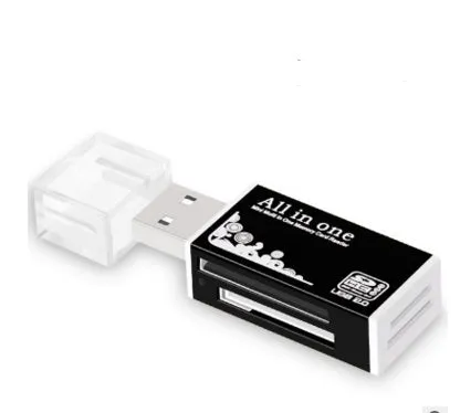 Multi in one card reader with four slots for SD MMC MS TF M2 cards, compact design, available in multiple colours