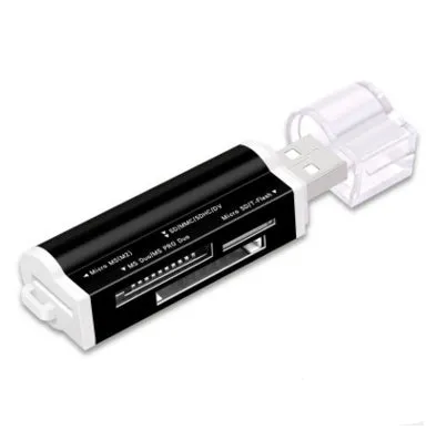 Multi in one card reader with four slots for SD MMC MS TF M2 cards, compact design, available in multiple colours