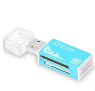 Multi in one card reader with four slots for SD MMC MS TF M2 cards, compact design, available in multiple colours