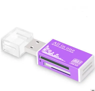 Multi in one card reader with four slots for SD MMC MS TF M2 cards, compact design, available in multiple colours