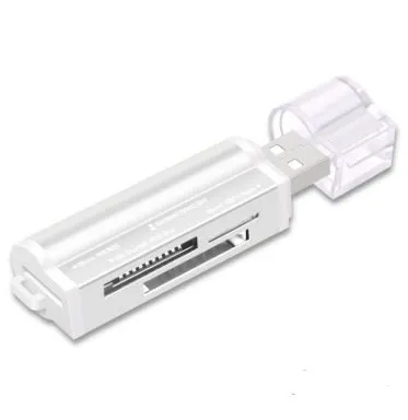 Multi in one card reader with four slots for SD MMC MS TF M2 cards, compact design, available in multiple colours