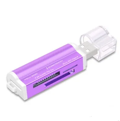 Multi in one card reader with four slots for SD MMC MS TF M2 cards, compact design, available in multiple colours