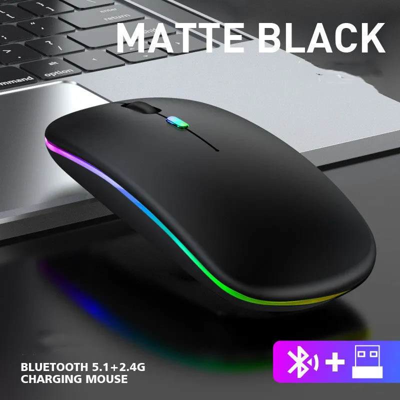 Ultra-thin wireless colourful luminous mouse with Bluetooth and 2.4GHz, C7002 model in black, side view