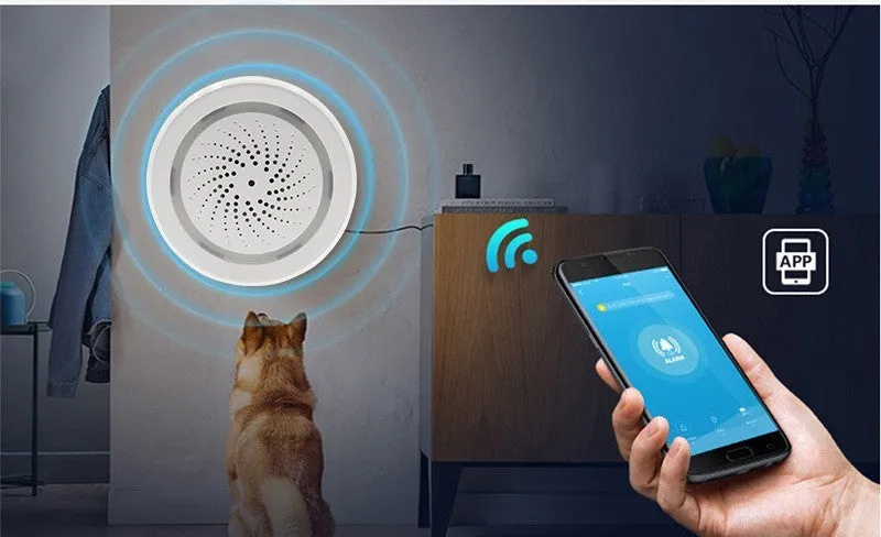 Wireless smart sound and light alarm with WiFi for home security, featuring anti-dismantling design and APP control