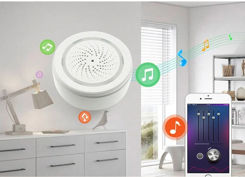Wireless smart sound and light alarm with WiFi for home security, featuring anti-dismantling design and APP control