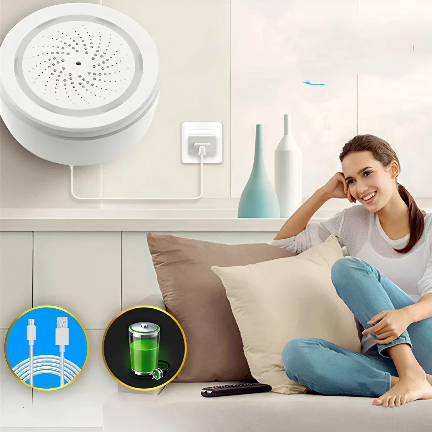 Wireless smart sound and light alarm with WiFi for home security, featuring anti-dismantling design and APP control