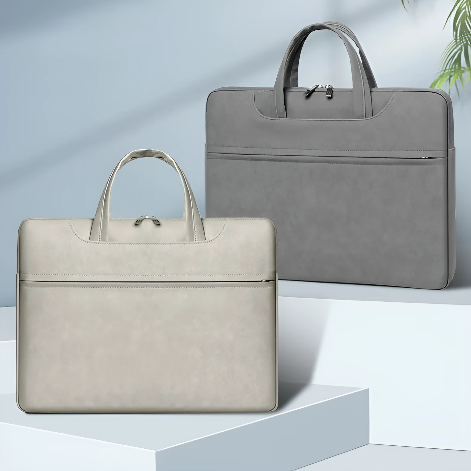 PU leather laptop case for 14 inch laptop in dark gray with zipper closure and soft handle