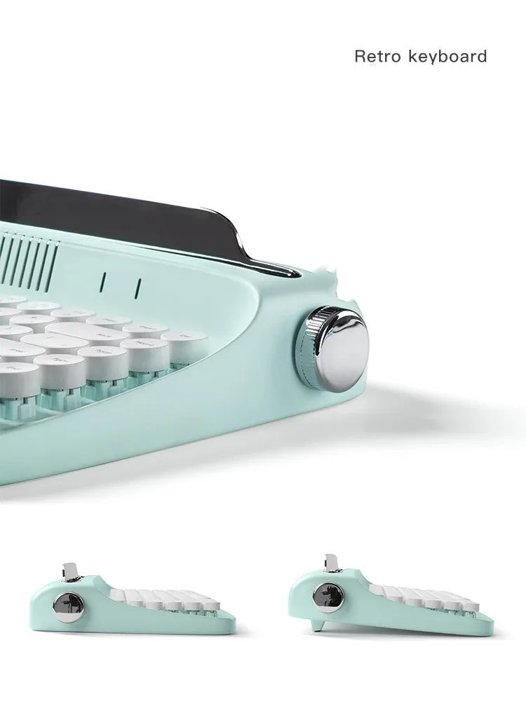 Retro iPad Bluetooth keyboard and mouse set in mint green with blue dual-mode mouse and adjustable bracket