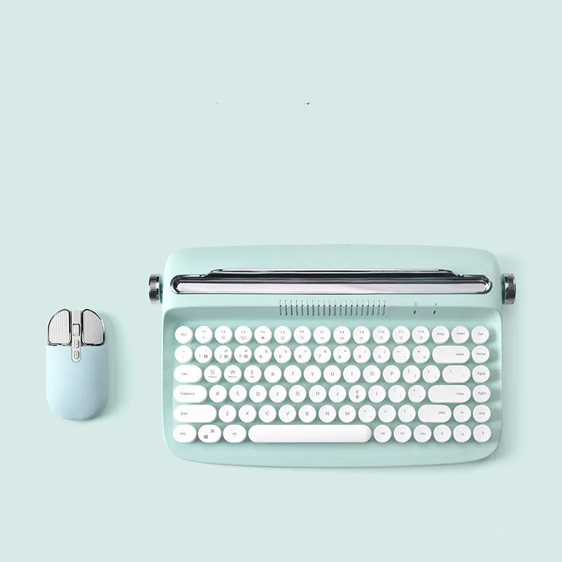 Retro iPad Bluetooth keyboard and mouse set in mint green with blue dual-mode mouse and adjustable bracket