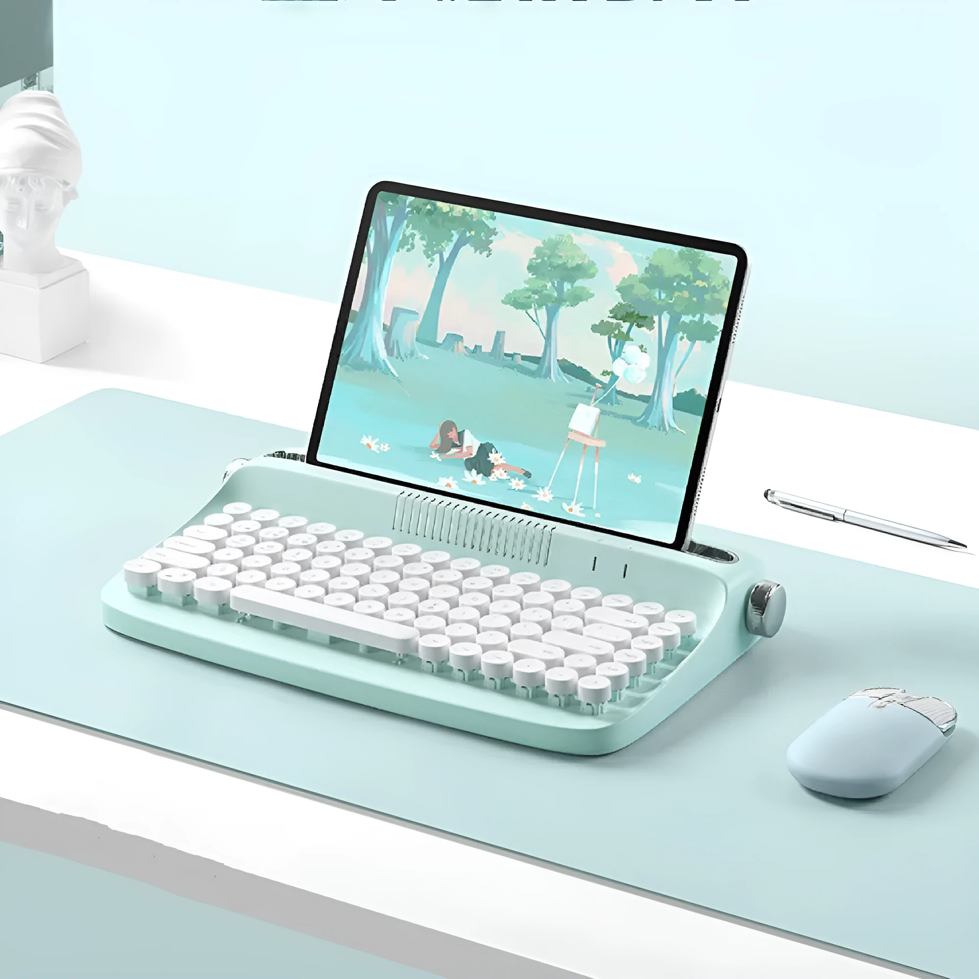 Retro iPad Bluetooth keyboard and mouse set in mint green with blue dual-mode mouse and adjustable bracket