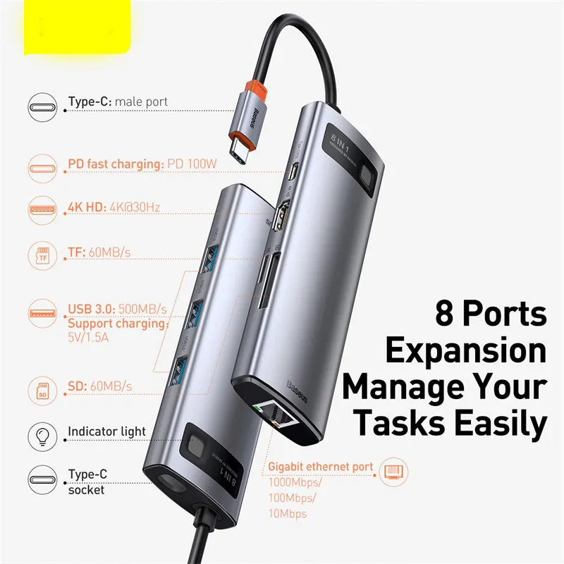 Baseus Metal Shimmer Type-C docking station with 4K HD video output and Gigabit Ethernet port for laptops