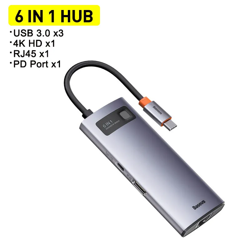 Baseus Metal Shimmer Type-C docking station with 4K HD video output and Gigabit Ethernet port for laptops