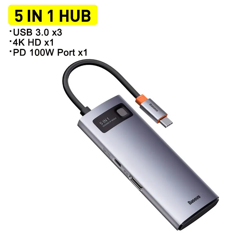 Baseus Metal Shimmer Type-C docking station with 4K HD video output and Gigabit Ethernet port for laptops