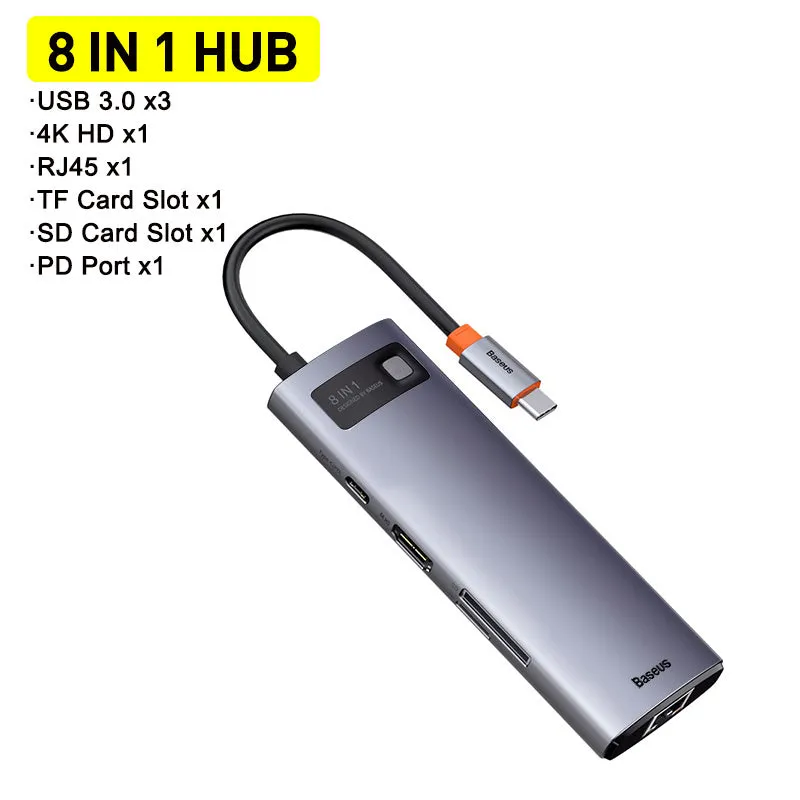 Baseus Metal Shimmer Type-C docking station with 4K HD video output and Gigabit Ethernet port for laptops