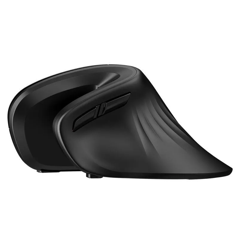 Wireless vertical mouse in black with ergonomic shape, six buttons, and diamond-pattern surface on a desk