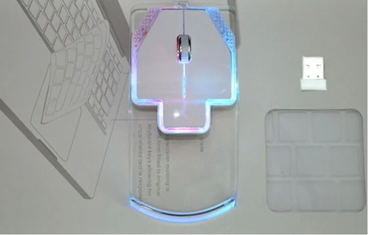 Ultra-thin transparent 2.4GHz wireless optical luminous mouse with blue glow on white desk