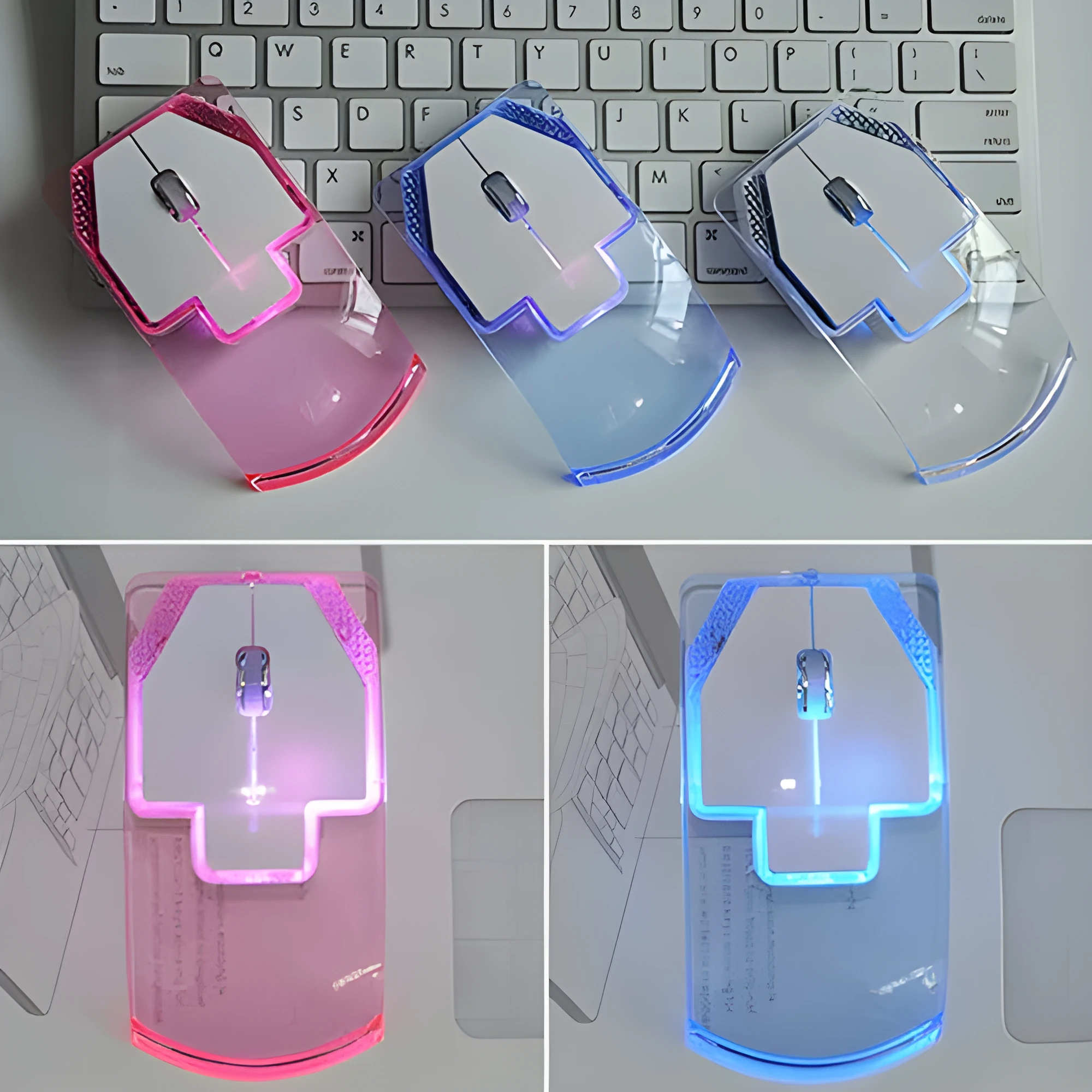 Ultra-thin transparent 2.4GHz wireless optical luminous mouse with blue glow on white desk