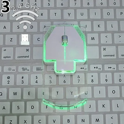 Ultra-thin transparent 2.4GHz wireless optical luminous mouse with blue glow on white desk
