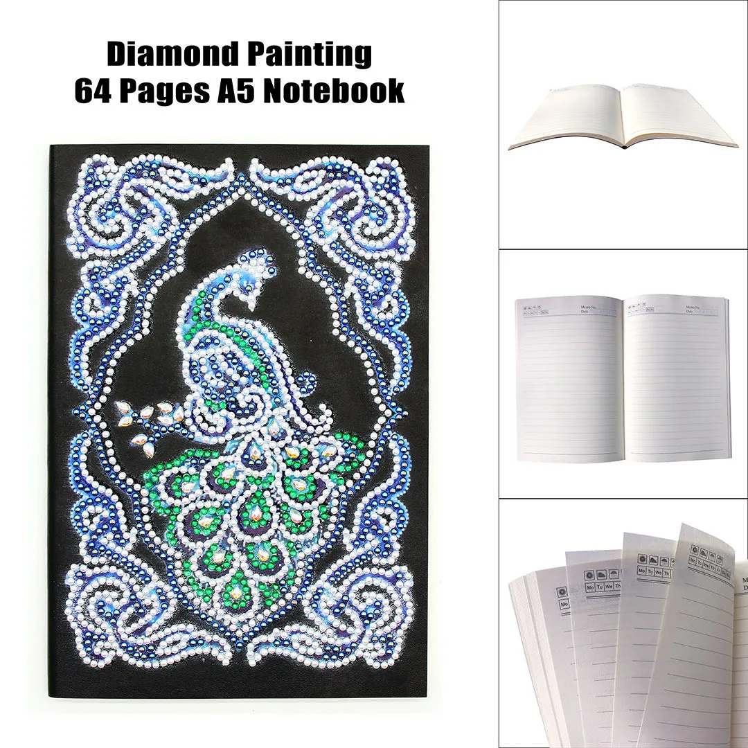 Black A5 diamond painting notebook open to a peacock design with shaped and bright sparkling drills