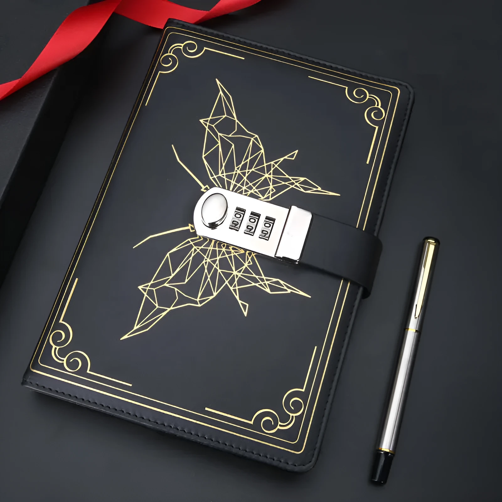 PU leather butterfly password lock notebook in blue, A6 size, with retro design
