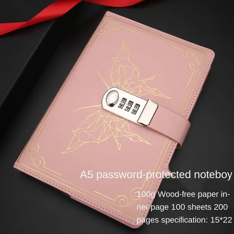 PU leather butterfly password lock notebook in blue, A6 size, with retro design