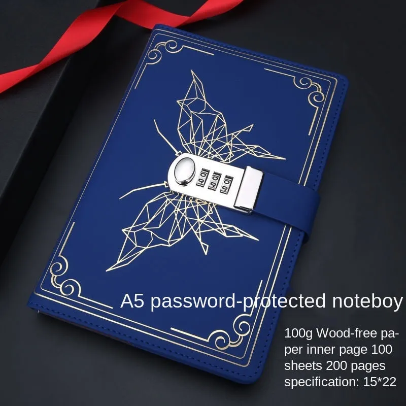 PU leather butterfly password lock notebook in blue, A6 size, with retro design