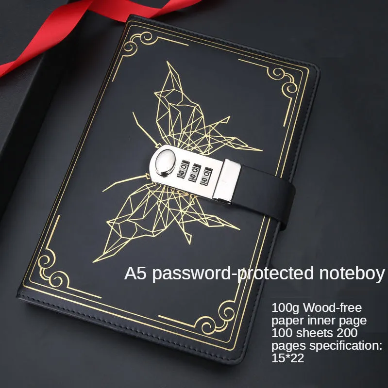 PU leather butterfly password lock notebook in blue, A6 size, with retro design