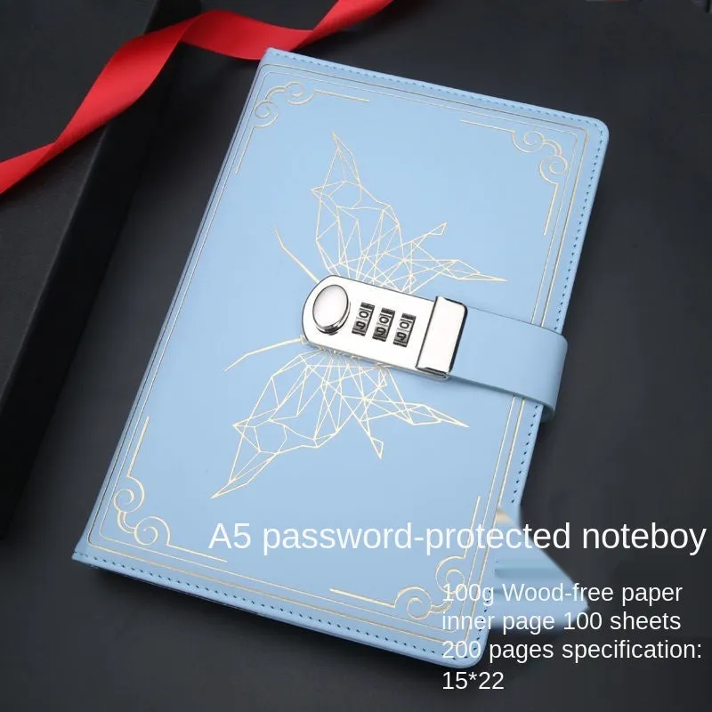 PU leather butterfly password lock notebook in blue, A6 size, with retro design