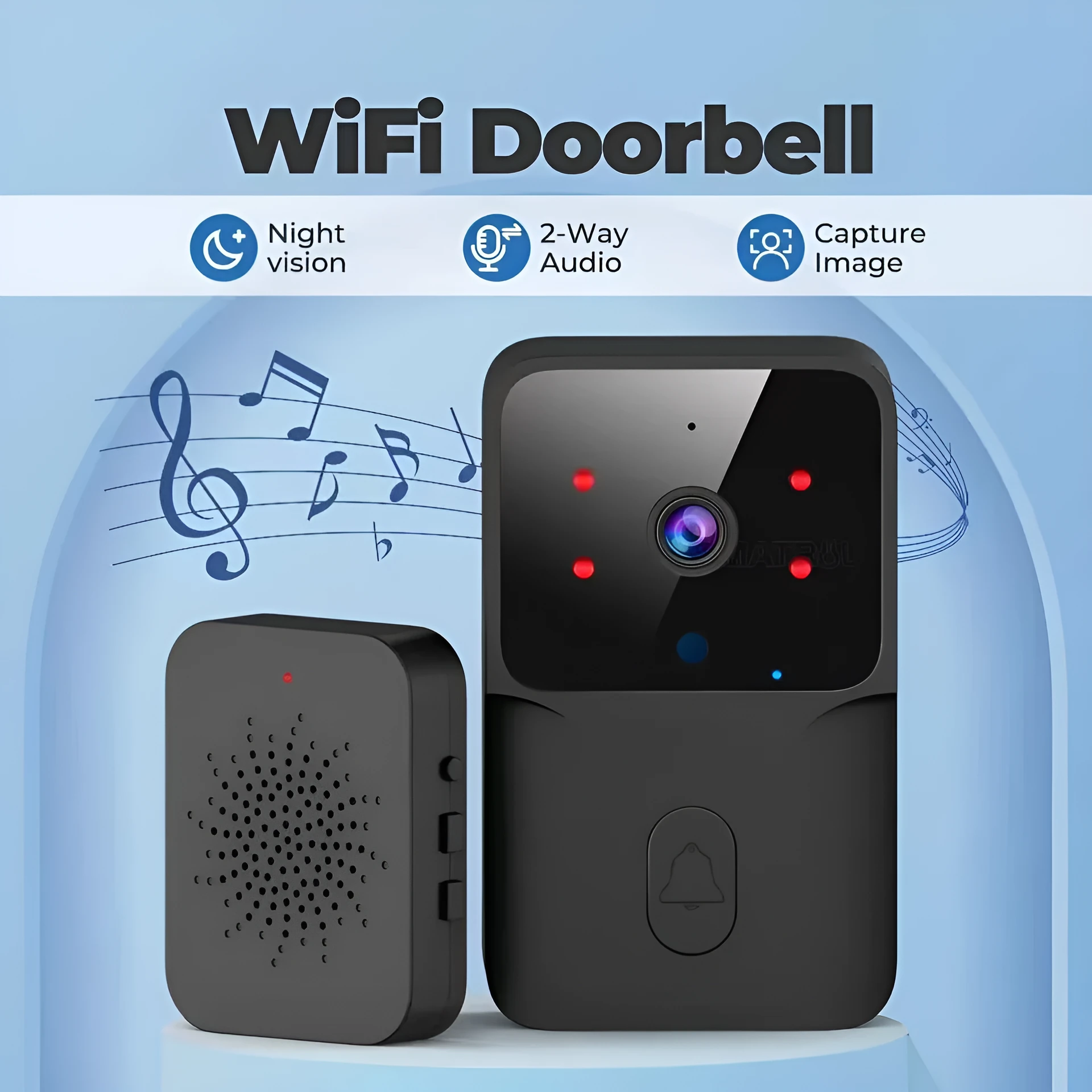 Intelligent visual doorbell with HD night vision camera, black colour, wall-mounted at entrance
