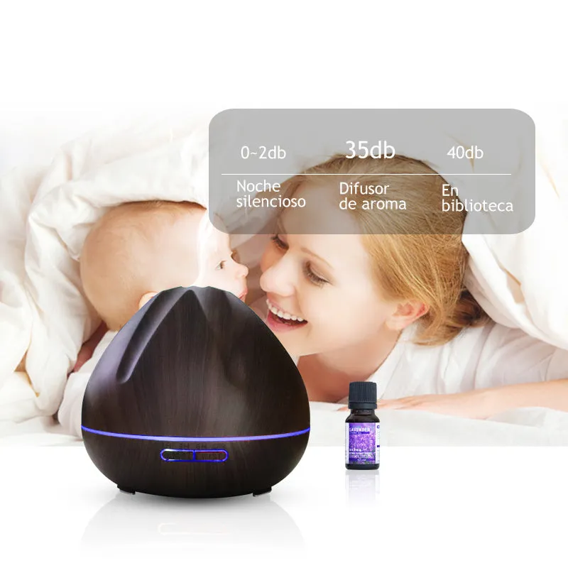 Air humidifier aromatherapy machine with 500ml capacity in dark wood finish on a table